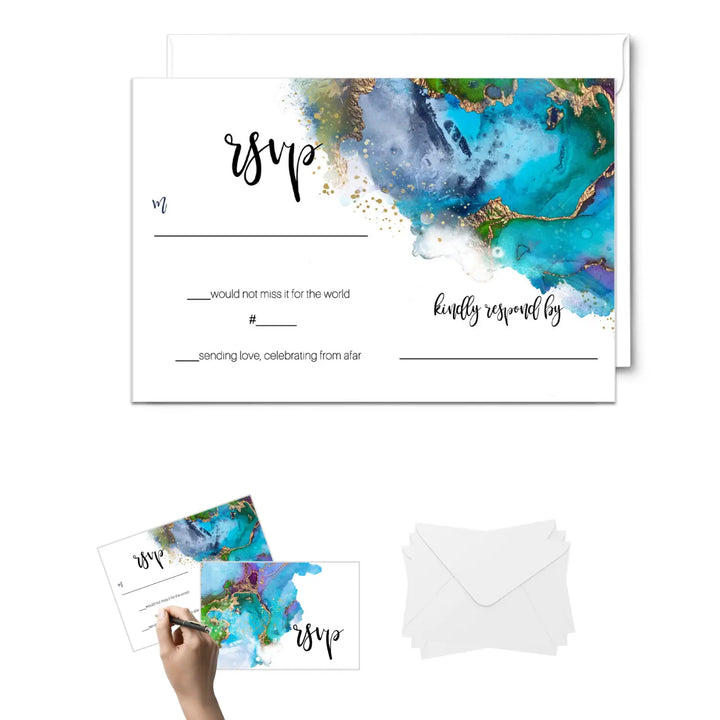 Modern Teal & Purple Watercolor RSVP Cards - Chic Wedding Response Set, 3.5x5, Envelopes Included, 25 Pack - Paper Clever Party