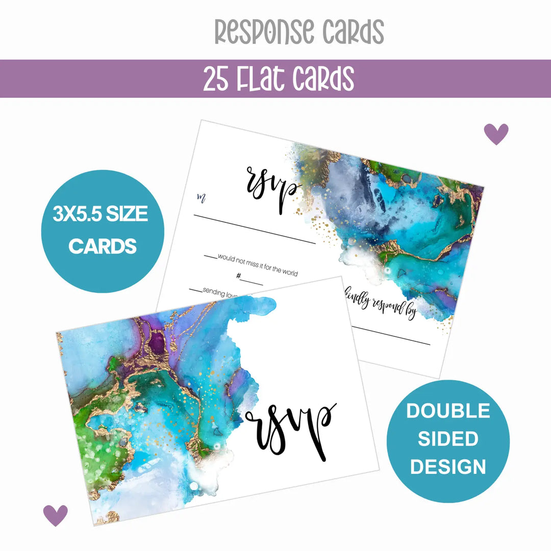 Modern Teal & Purple Watercolor RSVP Cards - Chic Wedding Response Set, 3.5x5, Envelopes Included, 25 Pack - Paper Clever Party