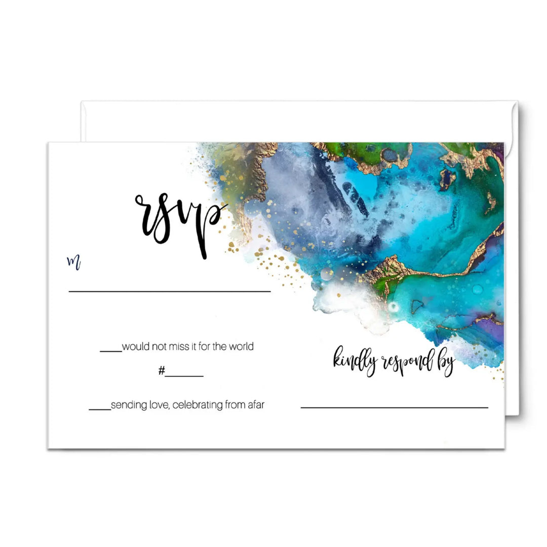 Modern Teal & Purple Watercolor RSVP Cards - Chic Wedding Response Set, 3.5x5, Envelopes Included, 25 Pack - Paper Clever Party