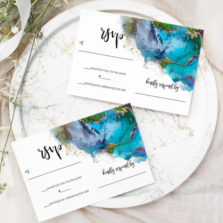 Modern Teal & Purple Watercolor RSVP Cards - Chic Wedding Response Set, 3.5x5, Envelopes Included, 25 Pack - Paper Clever Party