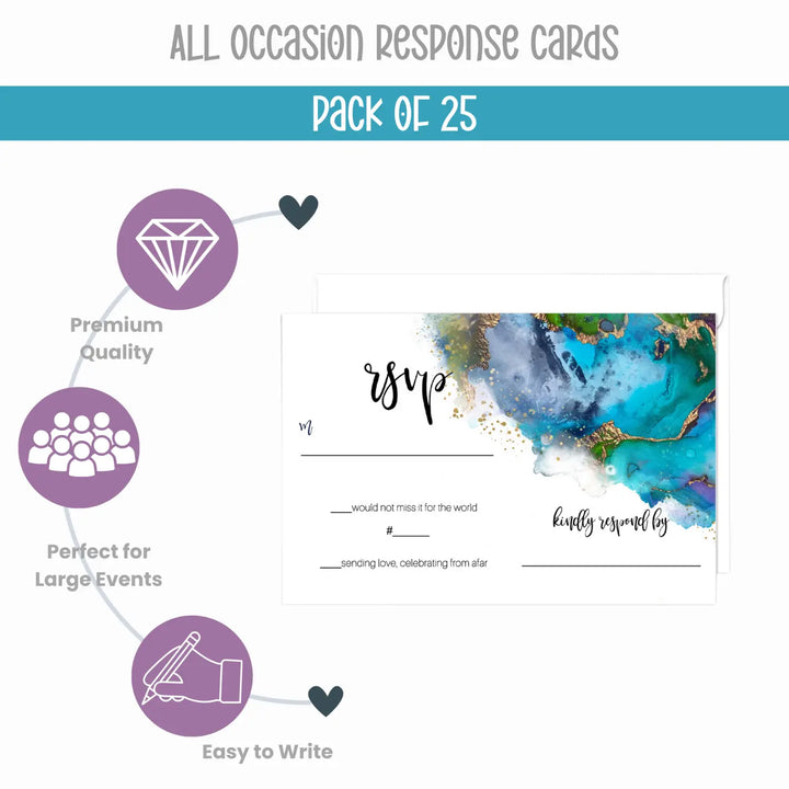 Modern Teal & Purple Watercolor RSVP Cards - Chic Wedding Response Set, 3.5x5, Envelopes Included, 25 Pack - Paper Clever Party