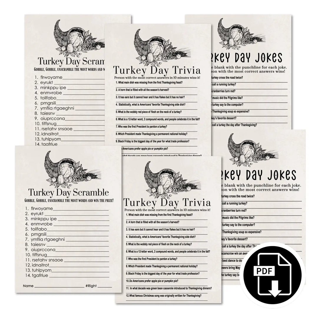 Modern thanksgiving game set printable word scramble trivia grandpa jokes instant download holiday activity pack diy