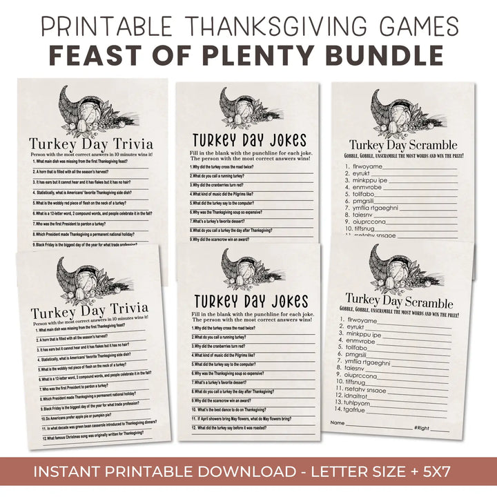 Modern thanksgiving game set printable word scramble trivia grandpa jokes instant download holiday activity pack diy