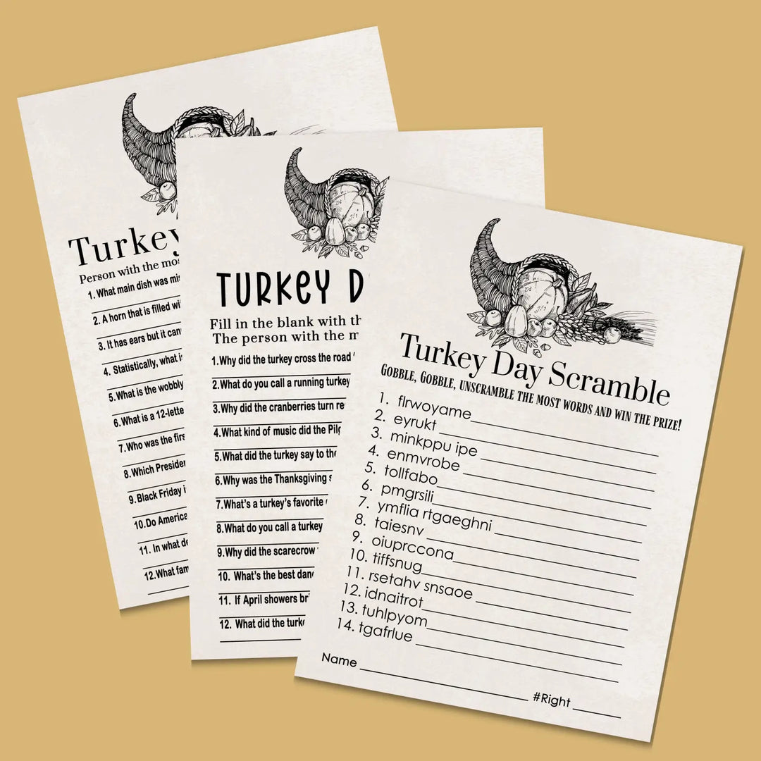 Modern thanksgiving game set printable word scramble trivia grandpa jokes instant download holiday activity pack diy