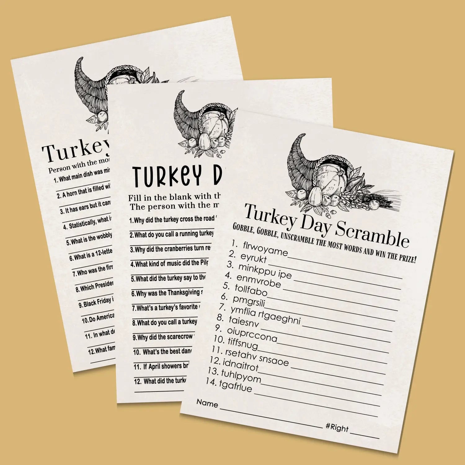 Modern thanksgiving game set printable word scramble trivia grandpa jokes instant download holiday activity pack diy