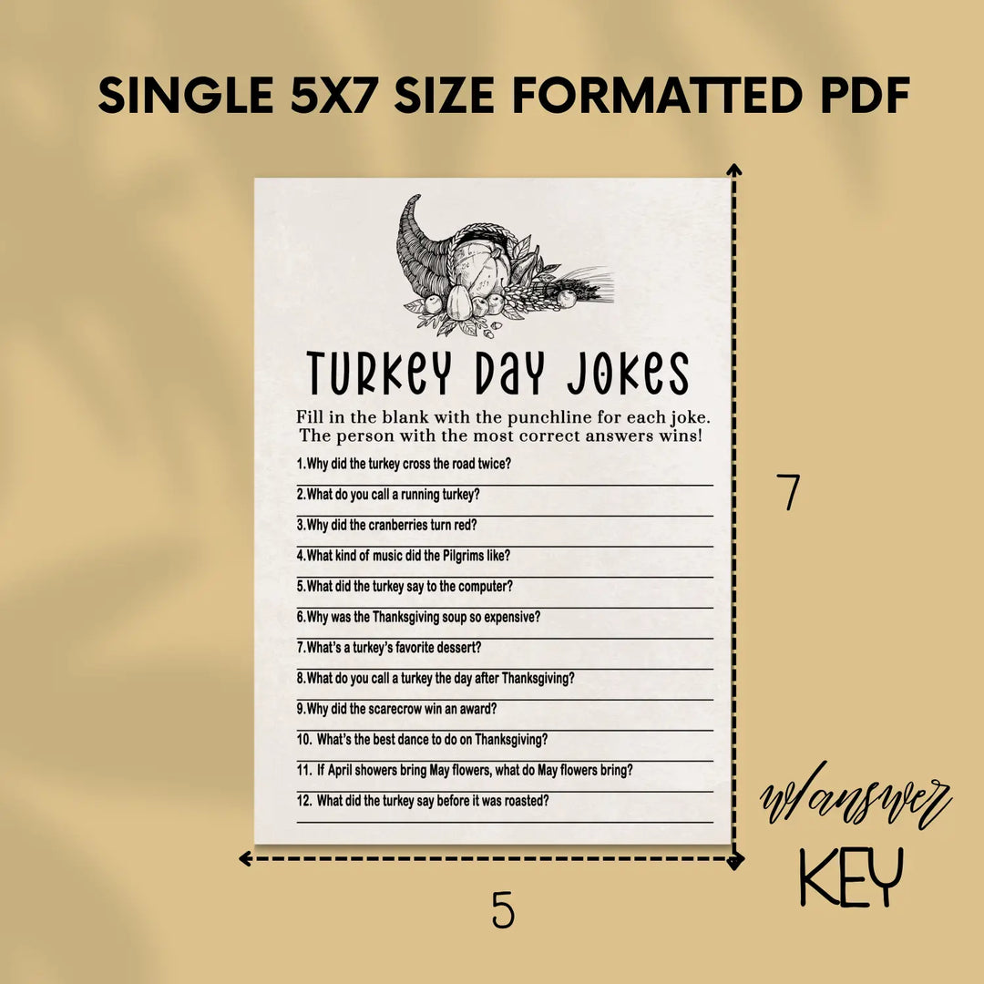 Modern thanksgiving jokes game printable hilarious family fun – digital download 5x7 cards instant pdf - party games