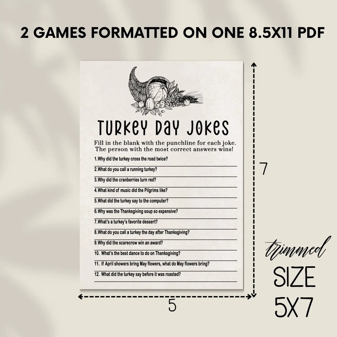 Modern thanksgiving jokes game printable hilarious family fun – digital download 5x7 cards instant pdf - party games