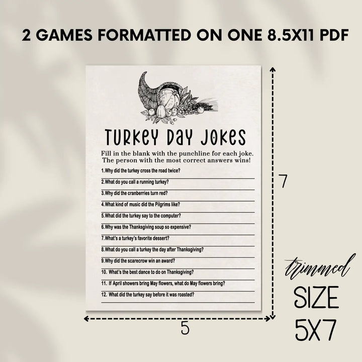 Modern thanksgiving jokes game printable hilarious family fun – digital download 5x7 cards instant pdf - party games