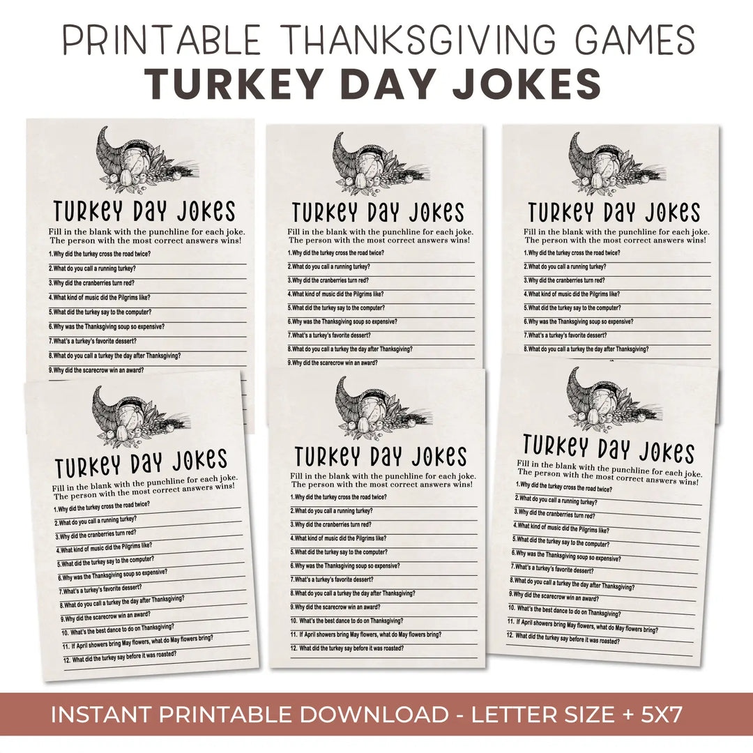 Modern thanksgiving jokes game printable hilarious family fun – digital download 5x7 cards instant pdf - party games