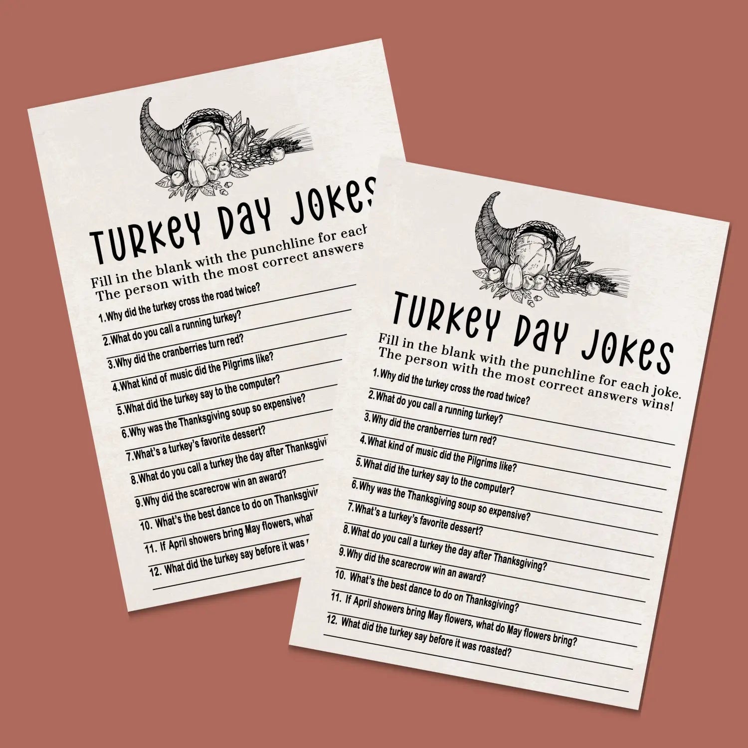 Modern thanksgiving jokes game printable hilarious family fun – digital download 5x7 cards instant pdf - party games