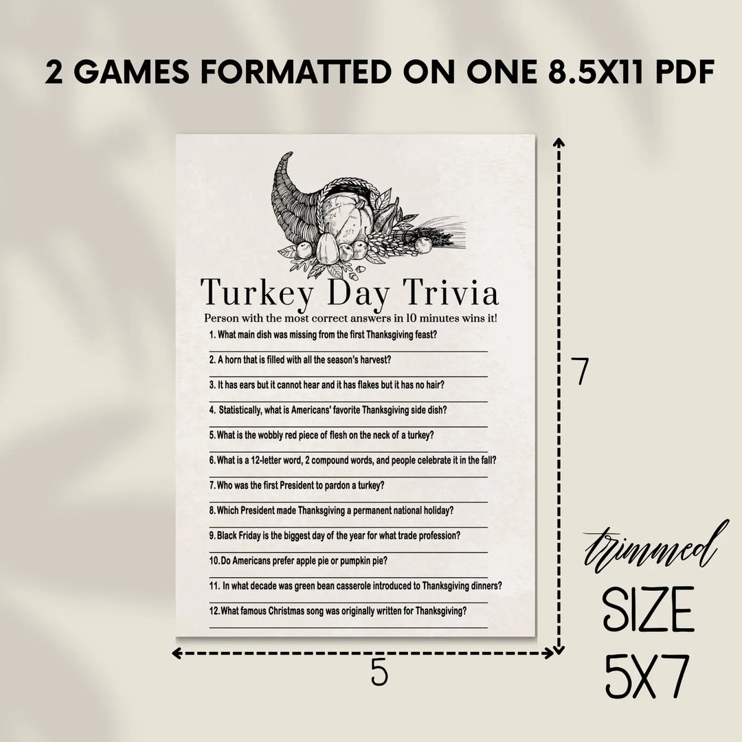Modern thanksgiving trivia game printable – digital download with answer key 5x7 cards instant holiday party fun