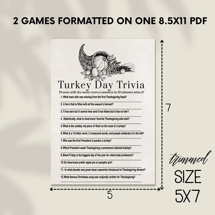 Modern thanksgiving trivia game printable – digital download with answer key 5x7 cards instant holiday party fun