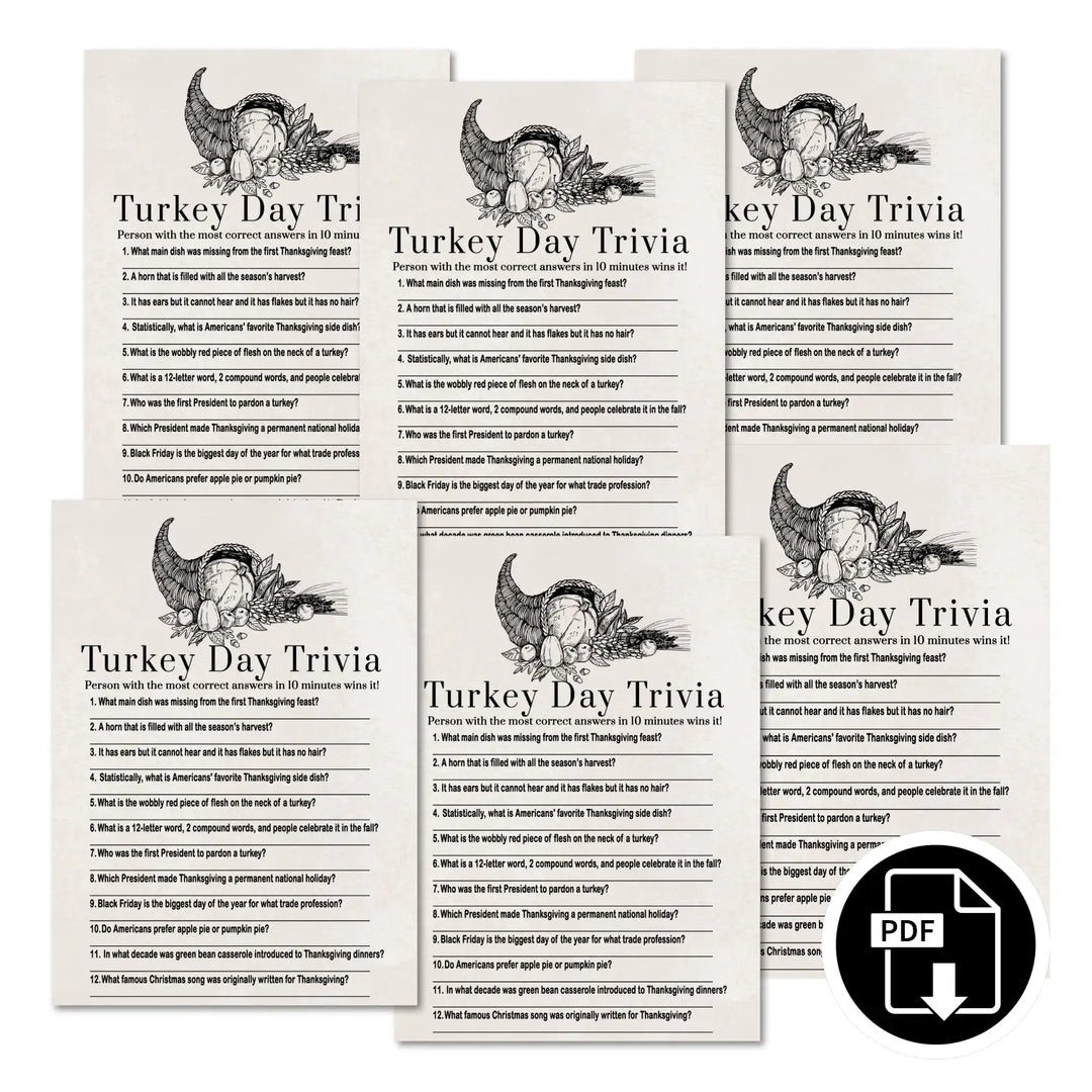 Modern thanksgiving trivia game printable – digital download with answer key 5x7 cards instant holiday party fun