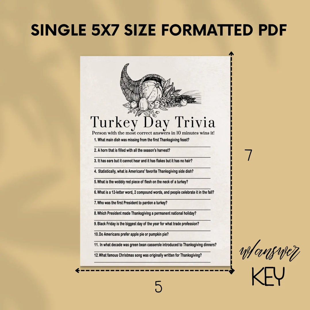 Modern thanksgiving trivia game printable – digital download with answer key 5x7 cards instant holiday party fun