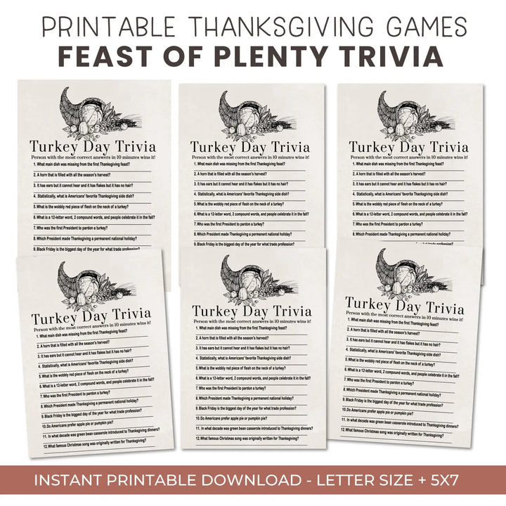 Modern thanksgiving trivia game printable – digital download with answer key 5x7 cards instant holiday party fun