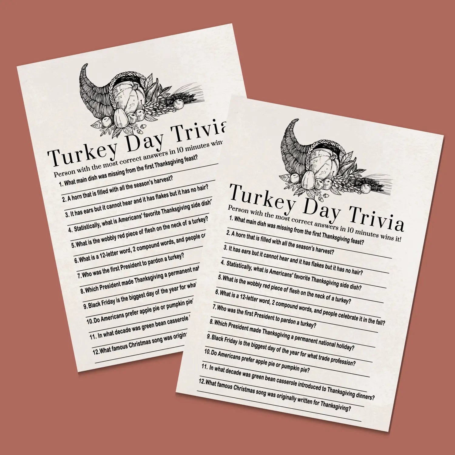 Modern thanksgiving trivia game printable – digital download with answer key 5x7 cards instant holiday party fun