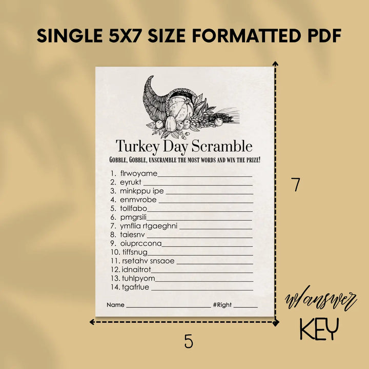 Modern thanksgiving word scramble printable – digital download with blessed design answer key 5x7 letter size instant