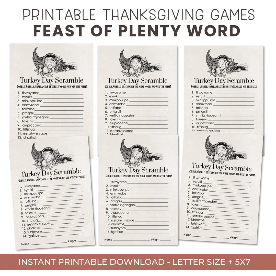 Modern thanksgiving word scramble printable – digital download with blessed design answer key 5x7 letter size instant