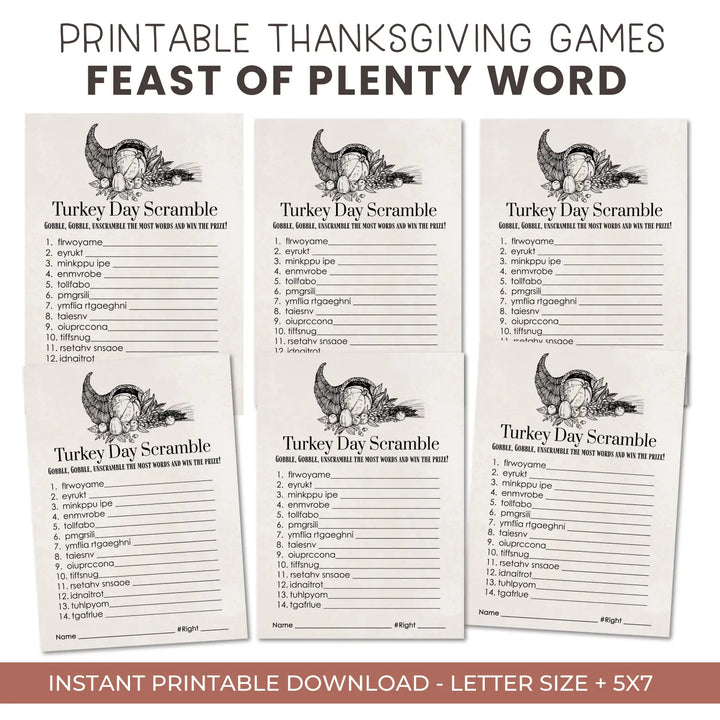 Modern thanksgiving word scramble printable – digital download with blessed design answer key 5x7 letter size instant