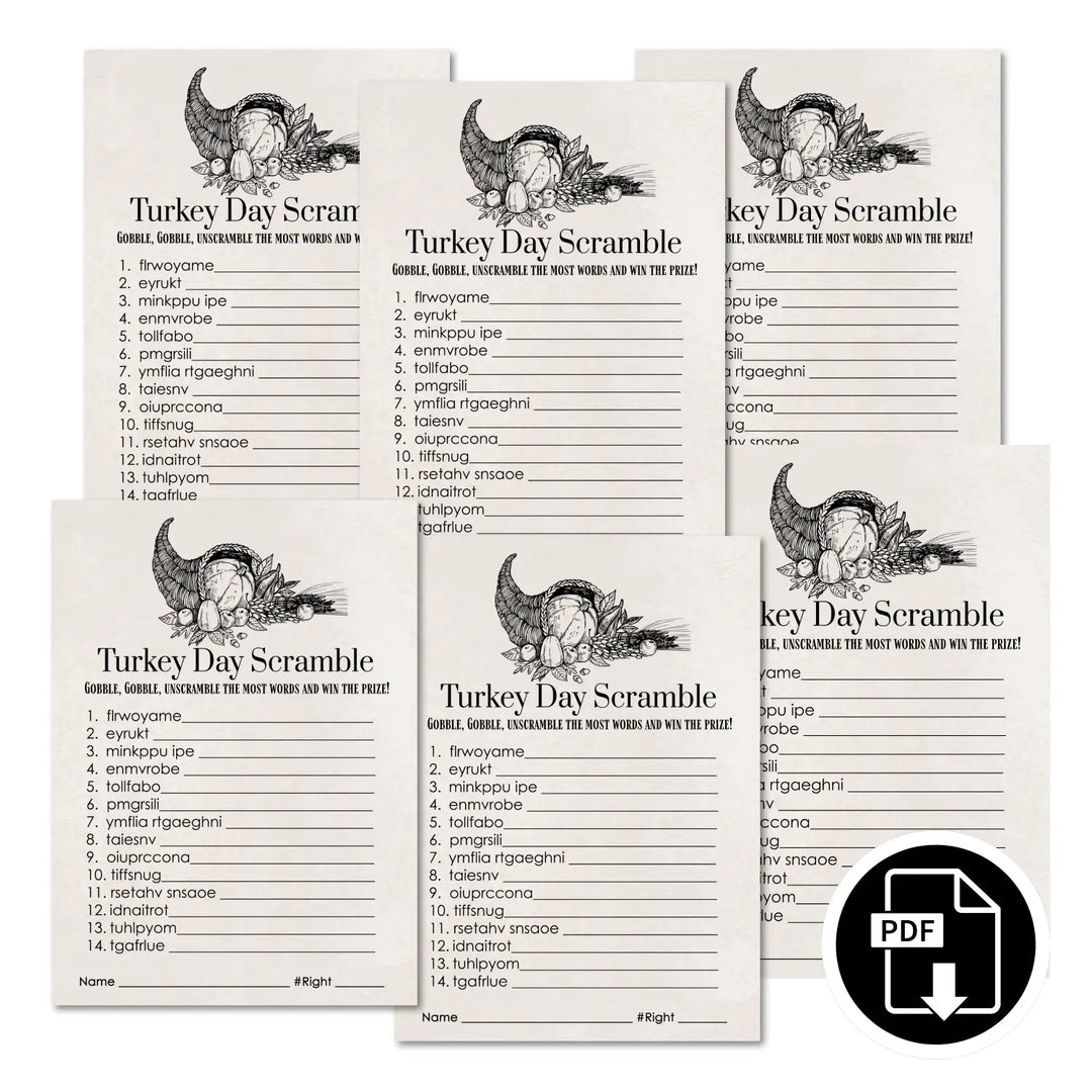 Modern thanksgiving word scramble printable – digital download with blessed design answer key 5x7 letter size instant