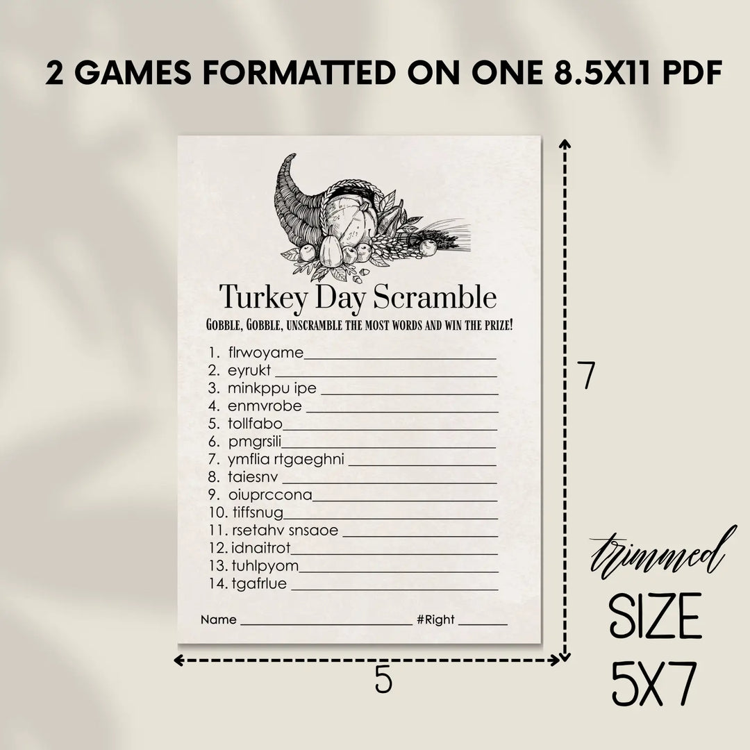 Modern thanksgiving word scramble printable – digital download with blessed design answer key 5x7 letter size instant