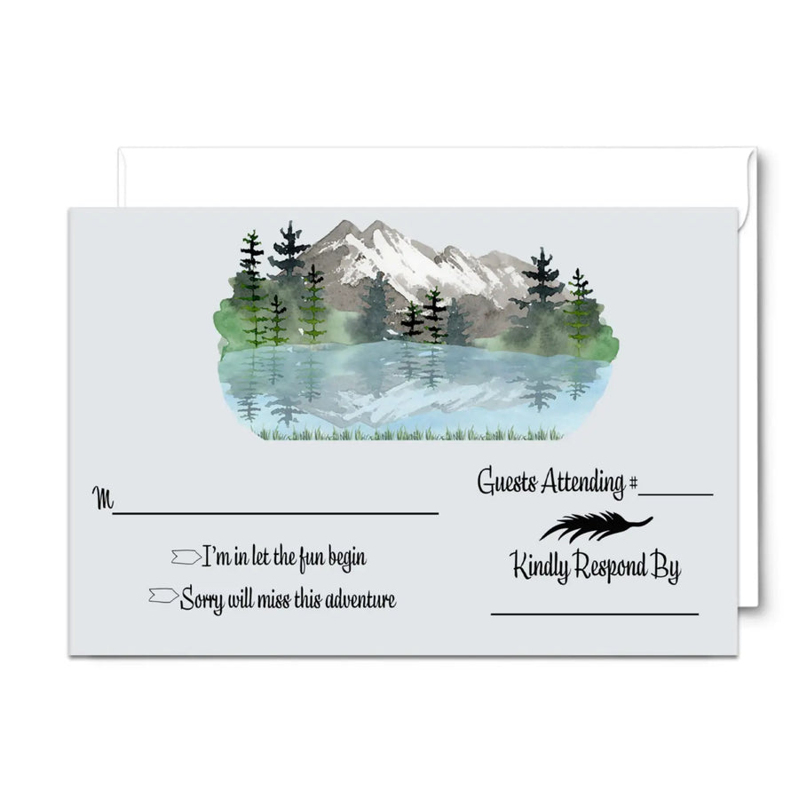 Mountain Adventure RSVP Cards - Rustic Wedding Response Set, 3.5x5, Envelopes Included, 25 Pack - Paper Clever Party