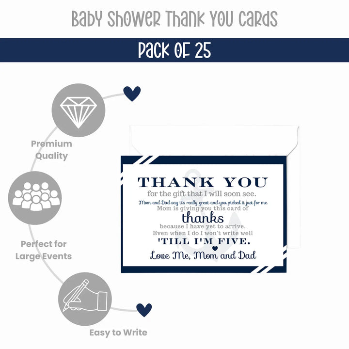 Nautical Baby Shower Thank You Cards for Boys – Notecards with Envelopes (Pack of 25) - Paper Clever Party