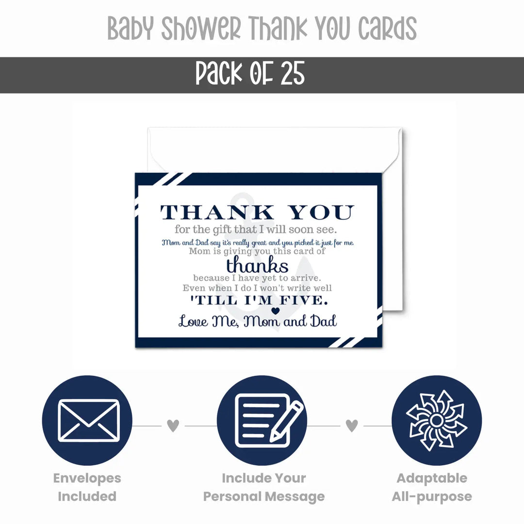 Nautical Baby Shower Thank You Cards for Boys – Notecards with Envelopes (Pack of 25) - Paper Clever Party