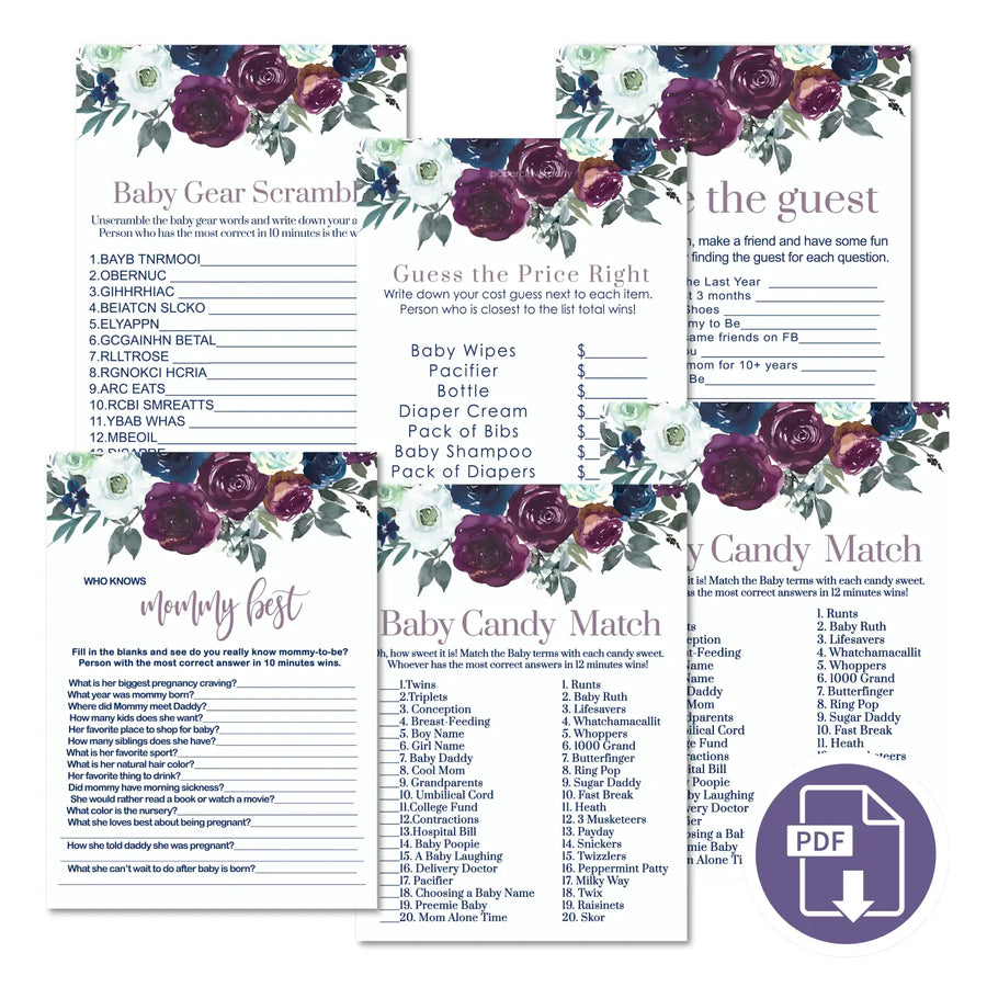 Navy floral baby shower games bundle – instant download printable activities coed celebration fun digital game diy