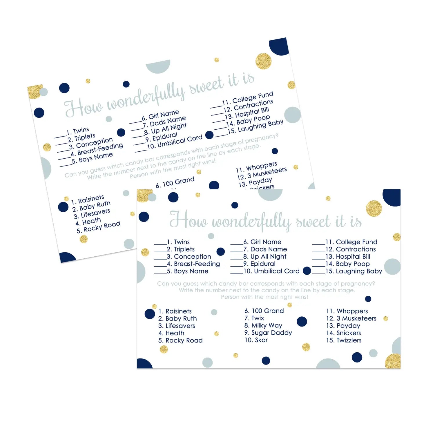 Navy & gold baby shower candy matching game - 25 cards with little star royal prince themes - guess the candies - party