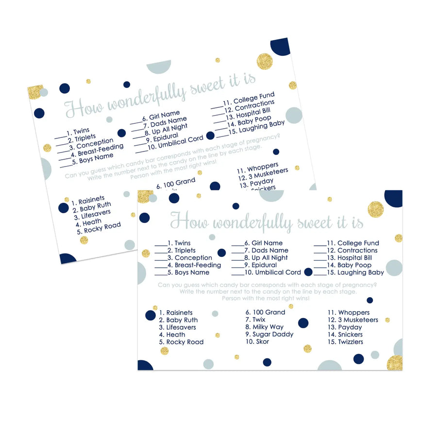 Navy & Gold Baby Shower Candy Matching Game - 25 Cards with Little Star & Royal Prince Themes - Guess the Candies - Paper Clever Party