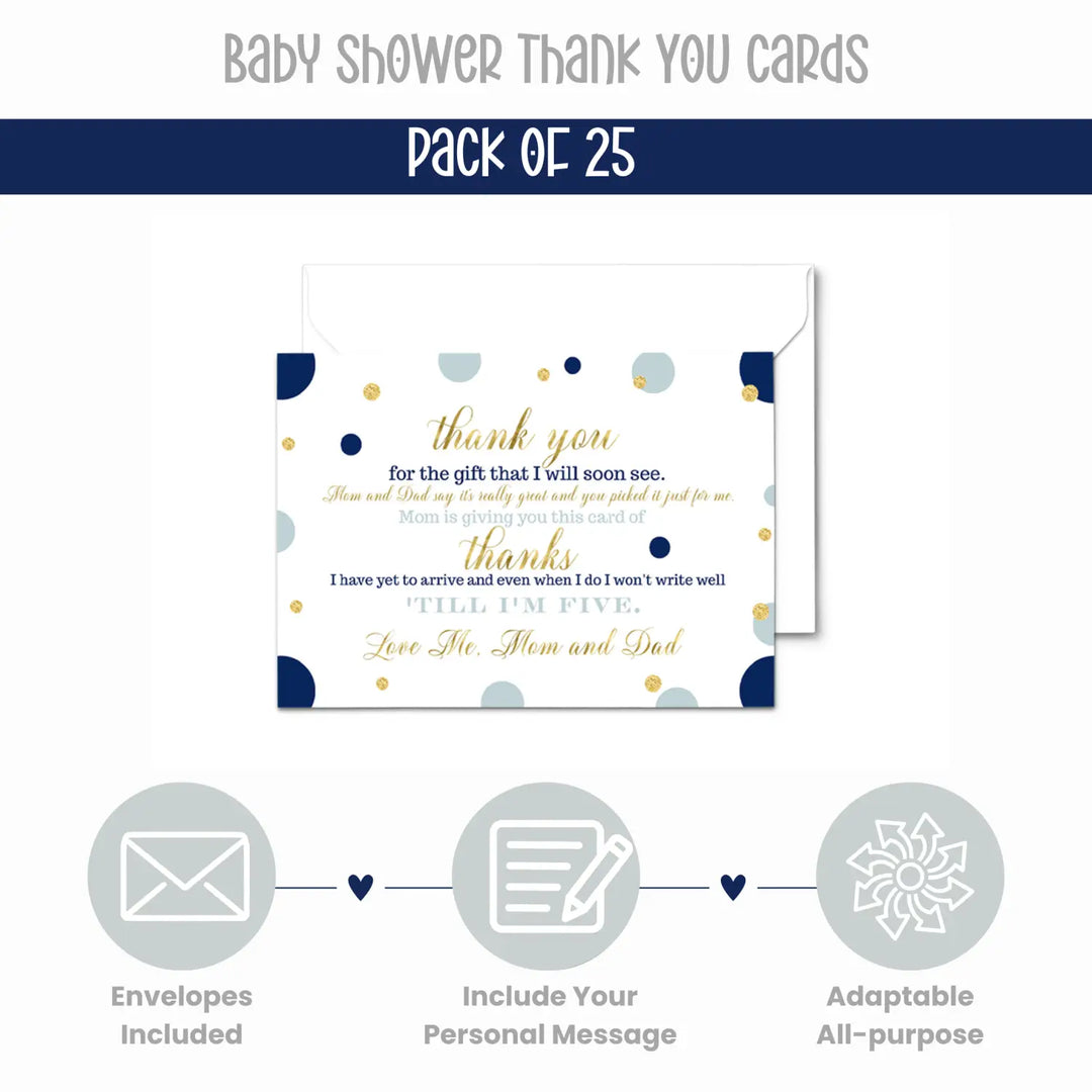 Navy and Gold Baby Shower Thank You Cards for Boys – Notecards (Pack of 25) - Paper Clever Party