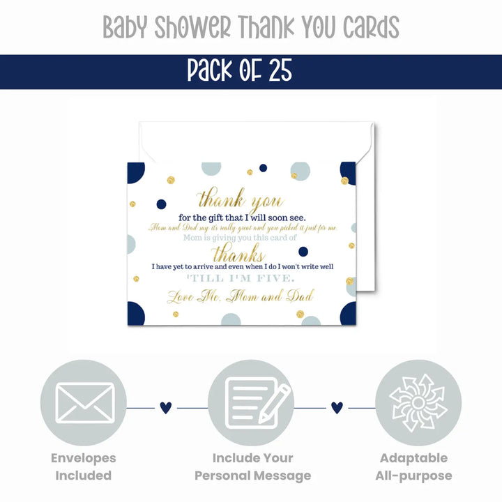 Navy and Gold Baby Shower Thank You Cards for Boys – Notecards (Pack of 25) - Paper Clever Party