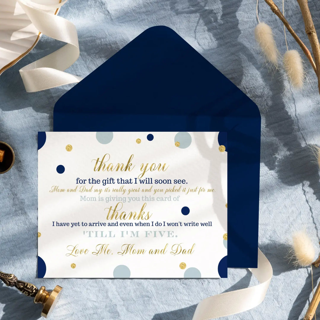 Navy and Gold Boys Baby Shower Thank You Cards - Sophisticated (15 Pack) with Blue Envelopes, 4x6 - Paper Clever Party