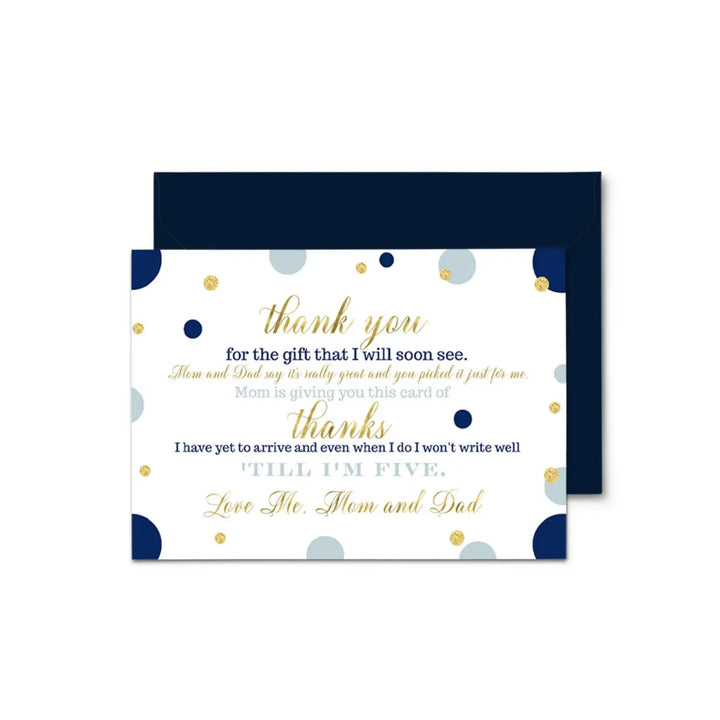 Navy and Gold Boys Baby Shower Thank You Cards - Sophisticated (15 Pack) with Blue Envelopes, 4x6 - Paper Clever Party