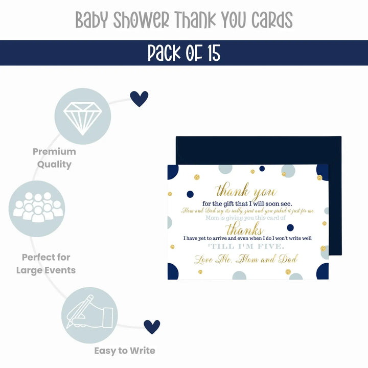 Navy and Gold Boys Baby Shower Thank You Cards - Sophisticated (15 Pack) with Blue Envelopes, 4x6 - Paper Clever Party