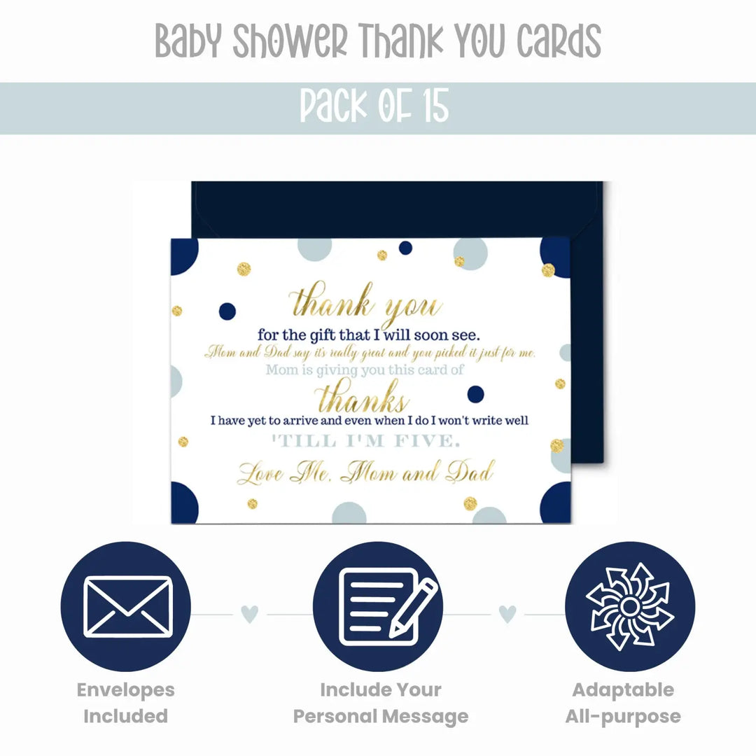 Navy and Gold Boys Baby Shower Thank You Cards - Sophisticated (15 Pack) with Blue Envelopes, 4x6 - Paper Clever Party