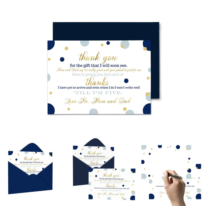 Navy and Gold Boys Baby Shower Thank You Cards - Sophisticated (15 Pack) with Blue Envelopes, 4x6 - Paper Clever Party