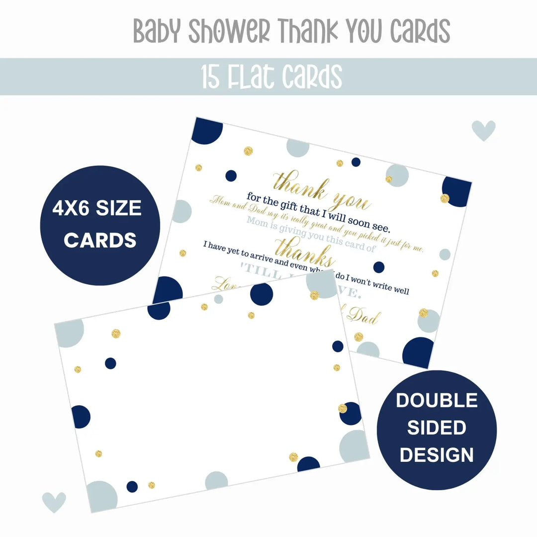 Navy and Gold Boys Baby Shower Thank You Cards - Sophisticated (15 Pack) with Blue Envelopes, 4x6 - Paper Clever Party