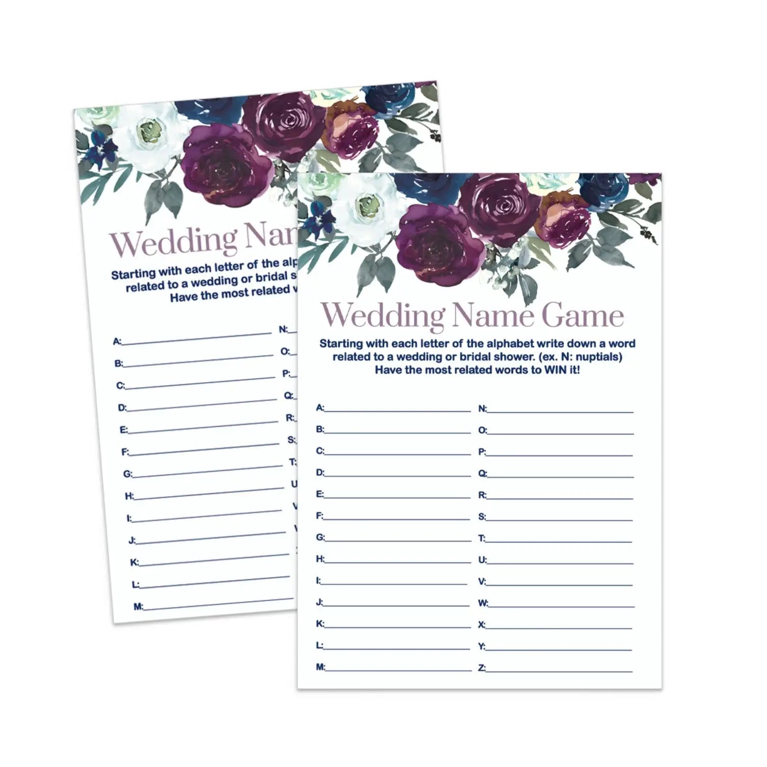 Navy and plum bridal shower name race game printable pdf rustic floral - party games