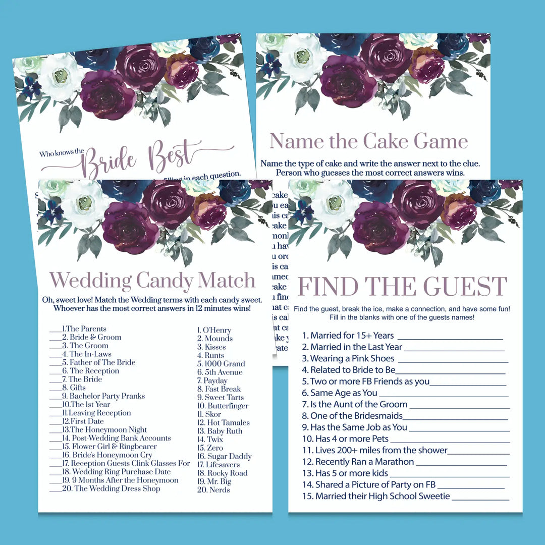 Navy and plum floral bridal shower game instant download fun printable wedding activities pdf - party games
