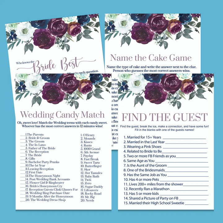 Navy and plum floral bridal shower game instant download fun printable wedding activities pdf - party games