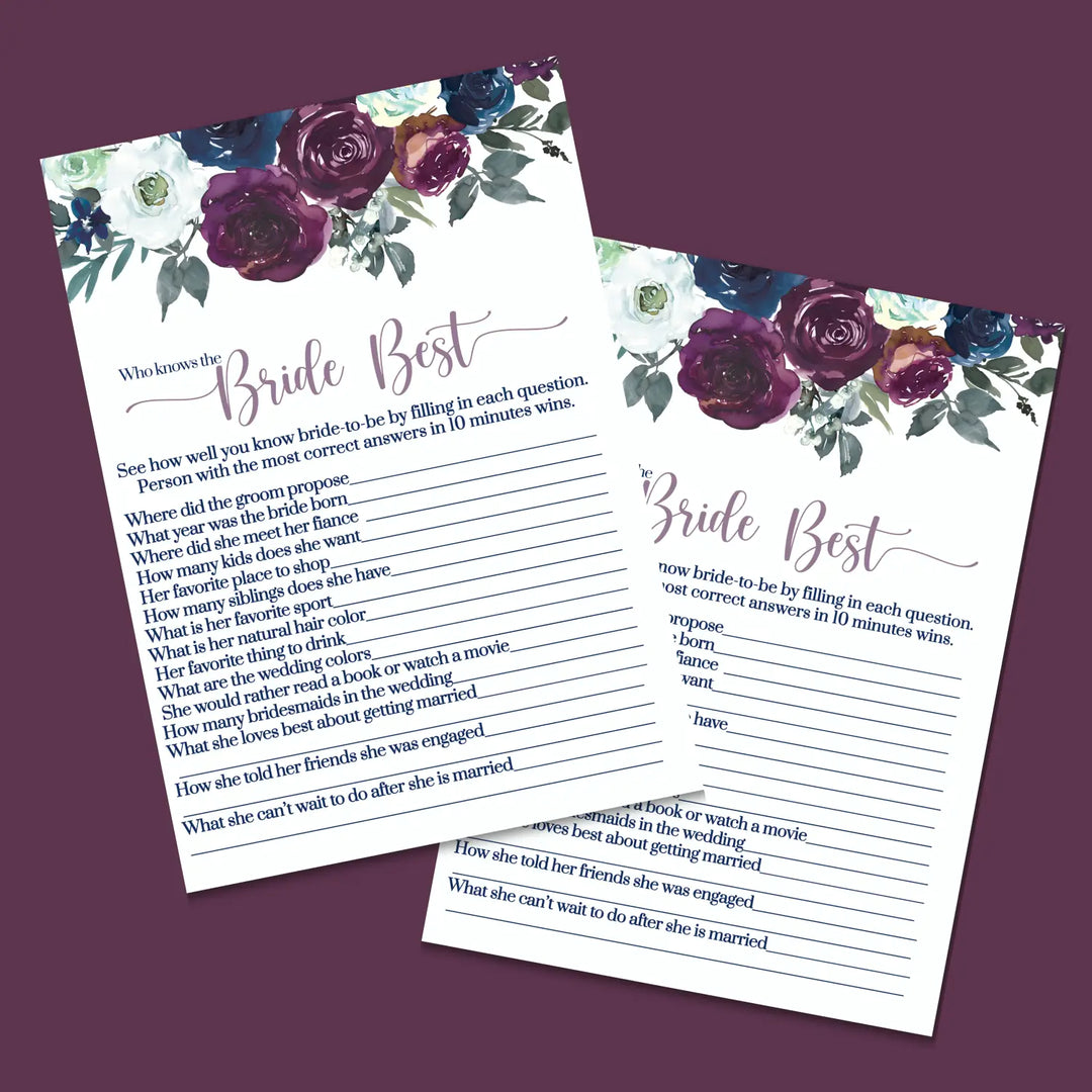 Navy and plum floral bridal shower game instant download fun printable wedding activities pdf - party games