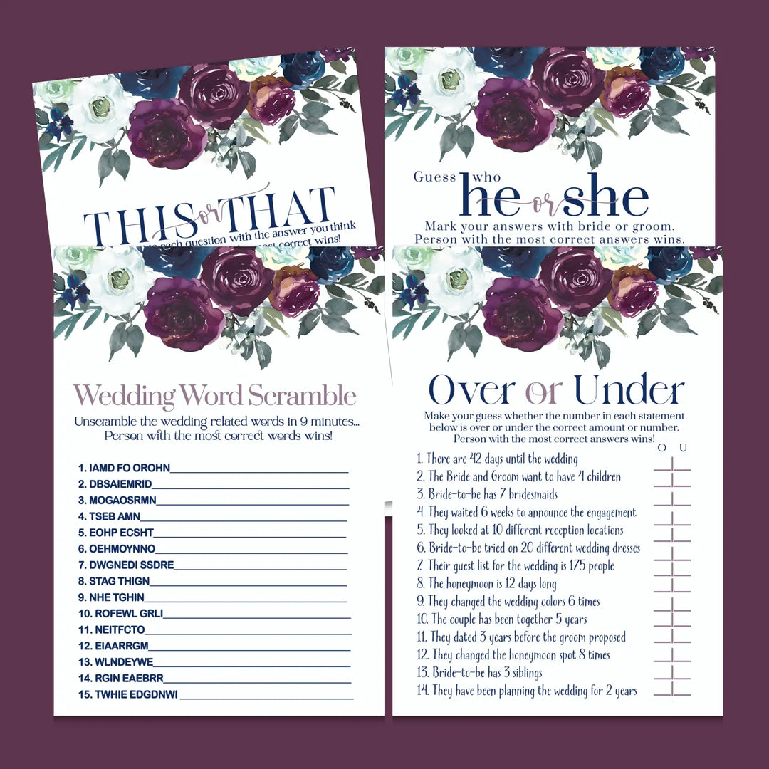Navy and plum floral bridal shower game instant download fun printable wedding activities pdf - party games