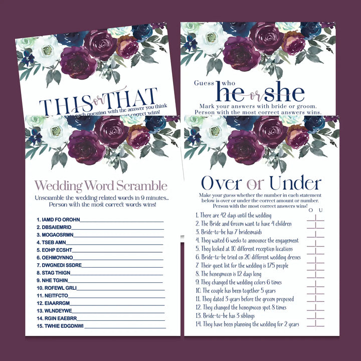 Navy and plum floral bridal shower game instant download fun printable wedding activities pdf - party games