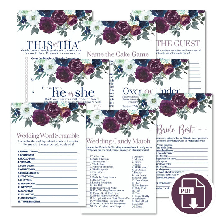 Navy and plum floral bridal shower game instant download fun printable wedding activities pdf - party games