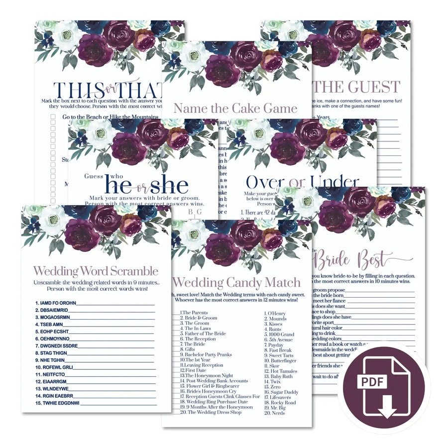 Navy and plum floral bridal shower game instant download fun printable wedding activities pdf - party games