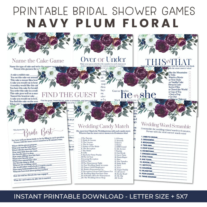 Navy and plum floral bridal shower game instant download fun printable wedding activities pdf - party games