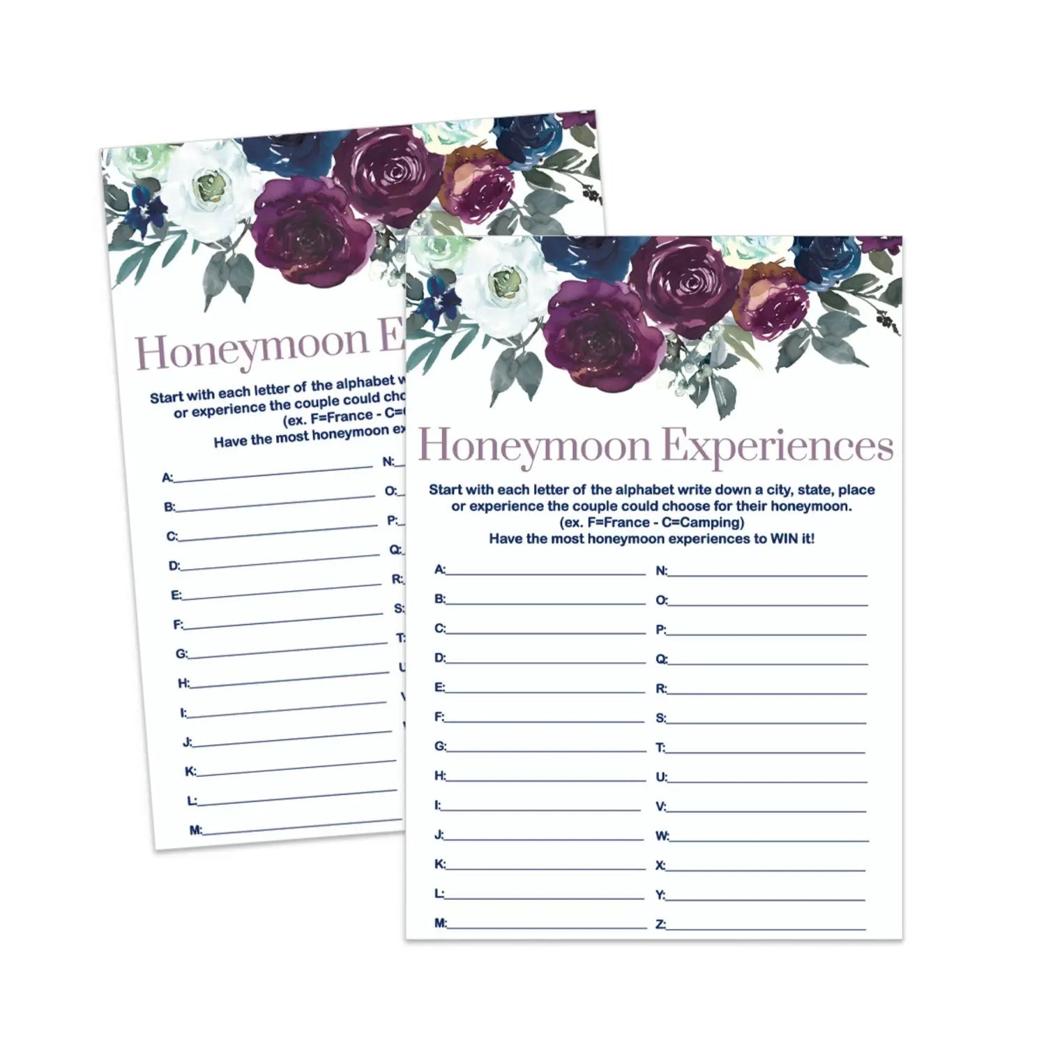 Navy and plum floral honeymoon experience bridal shower game printable - party games
