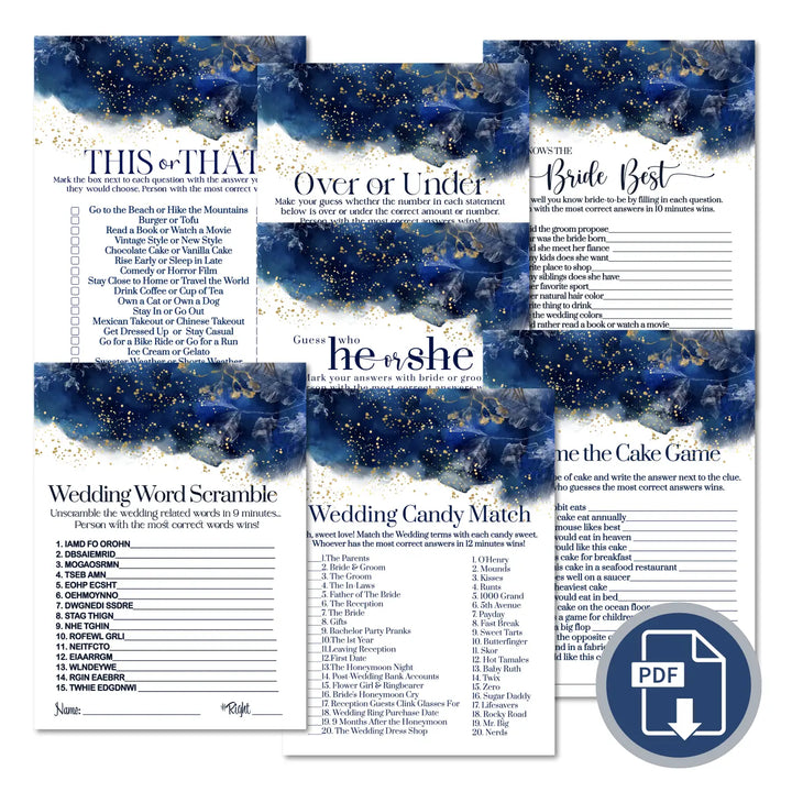 Navy watercolor bridal shower game bundle instant download gold floral printable diy fun activities for weddings pdf